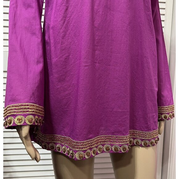 Tory Burch Women Top Tunic Blouse Size 6 Magenta Gold Embroidery Long Sleeves - Picture 3 of 16